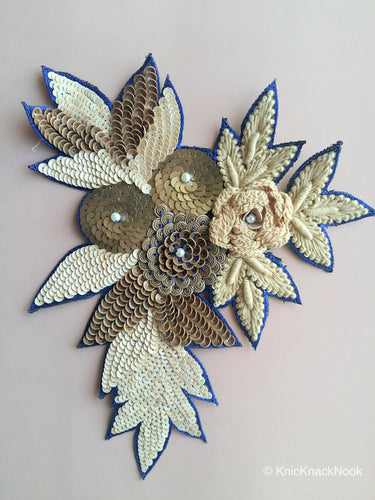 Floral Applique With Beige And Orange / Blue Embroidery, Beige, Brown And Bronze Sequins And White Pearl Beads